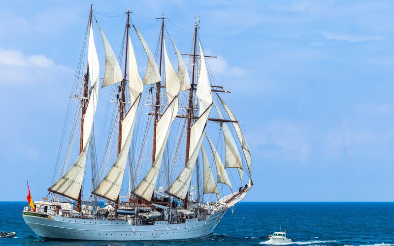 Sailboat with Multiple Masts — Blue, Serene