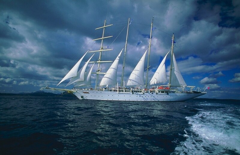 Sailboat with Multiple Sails — Blue, Dramatic