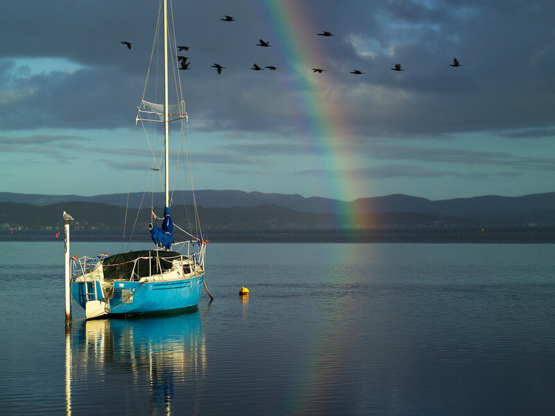 Sailboat with rainbow and birds