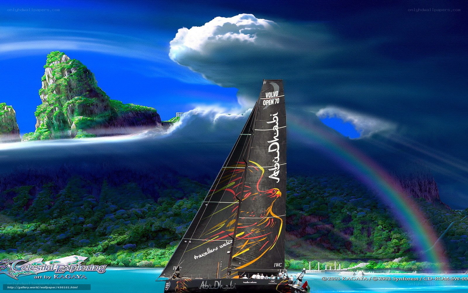 Sailboat with rainbow and island
