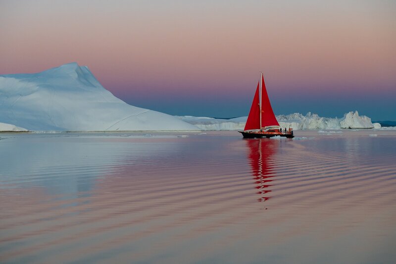 Sailboat with Red Sail — Serene