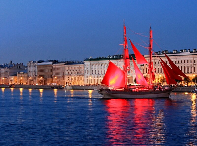 Sailboat with Red Sails — Blue, Serene