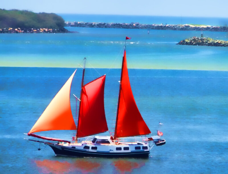 Sailboat with Red Sails — Blue