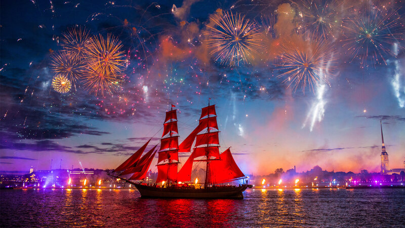 Sailboat with Red Sails — Celebratory, Night, Photograph, Fireworks, Cityscape