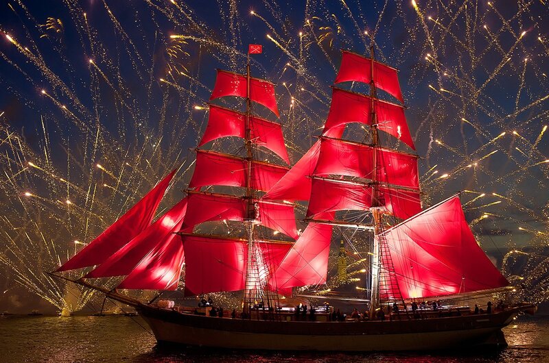 Sailboat with Red Sails — Celebratory, Night, Photograph