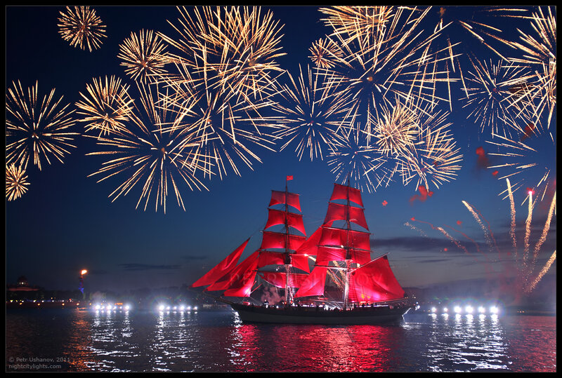 Sailboat with Red Sails — Celebratory, Night