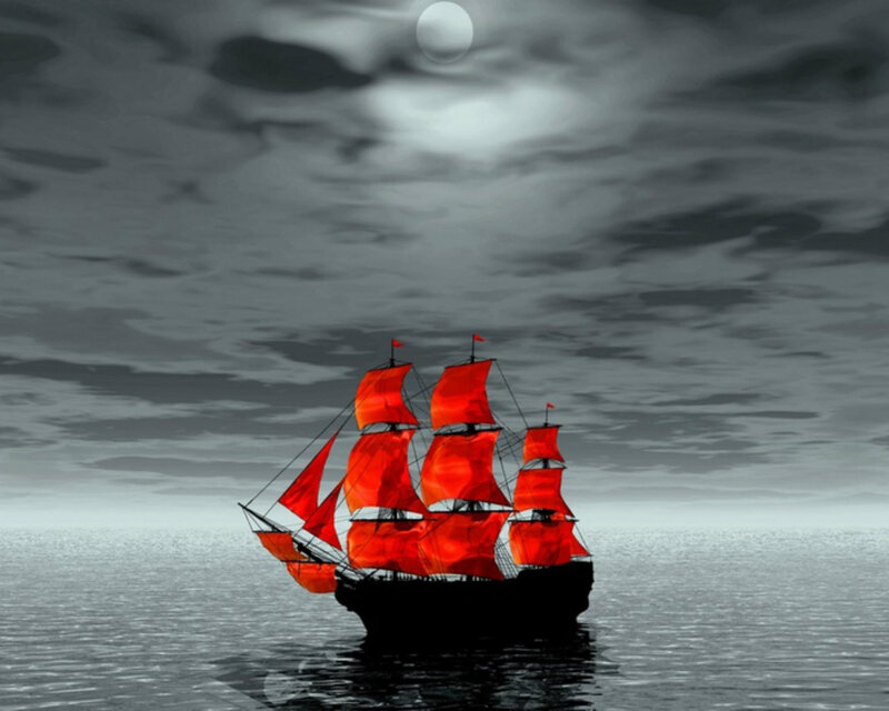 Sailboat with Red Sails — Dramatic, Night, Digital Art, Moon, Clouds