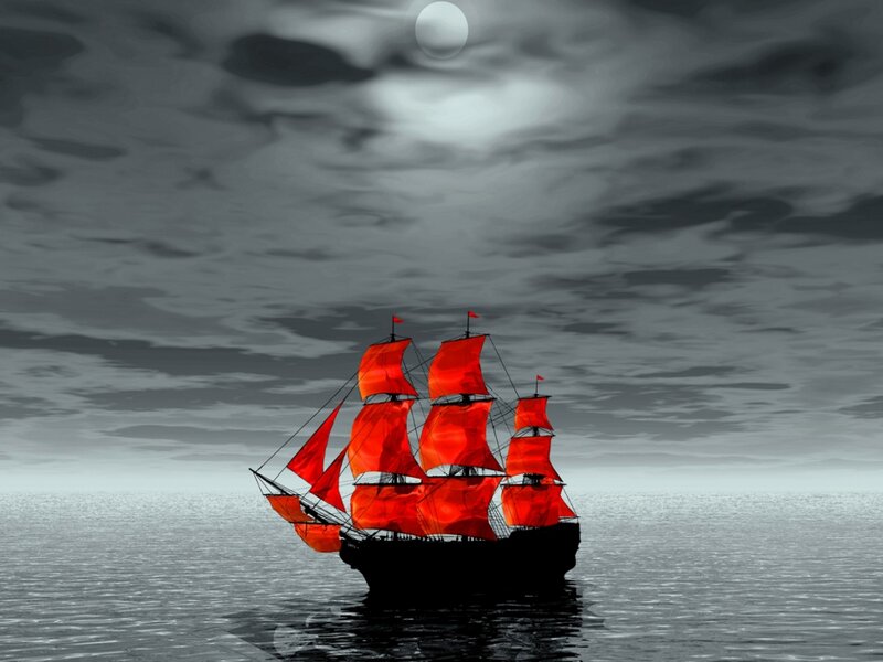 Sailboat with Red Sails — Dramatic, Night, Digital Art, Moon
