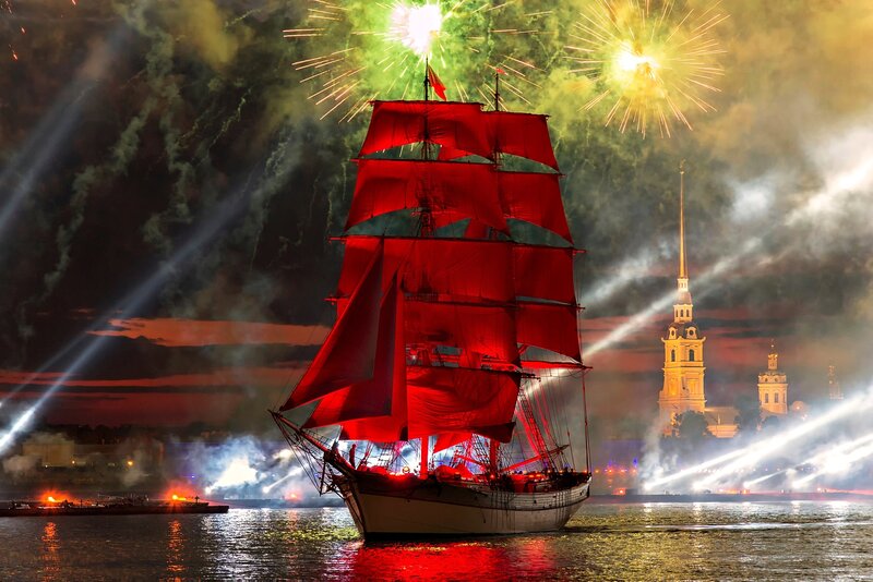 Sailboat with Red Sails — Dramatic, Night, Photograph, Fireworks, Buildings