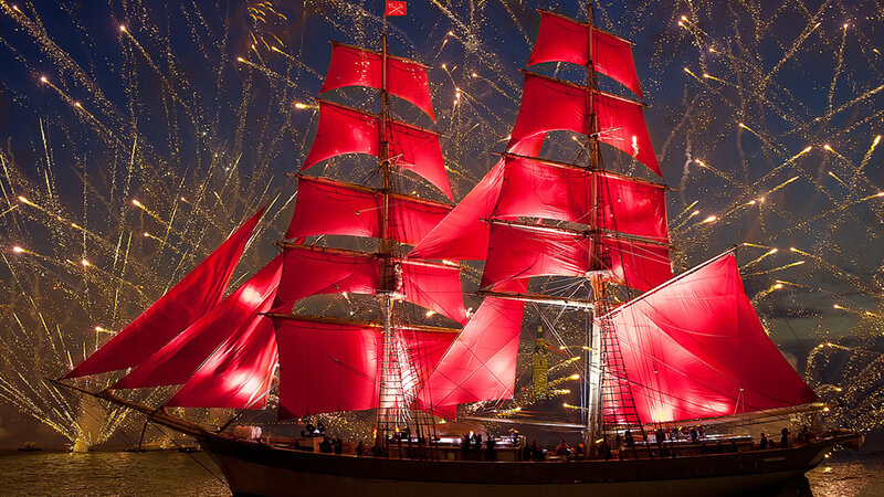 Sailboat with Red Sails — Dramatic, Night, Photograph, Fireworks, Night Sky