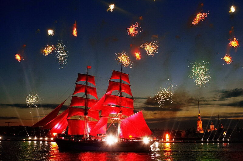 Sailboat with Red Sails — Dramatic, Night, Photograph, Fireworks