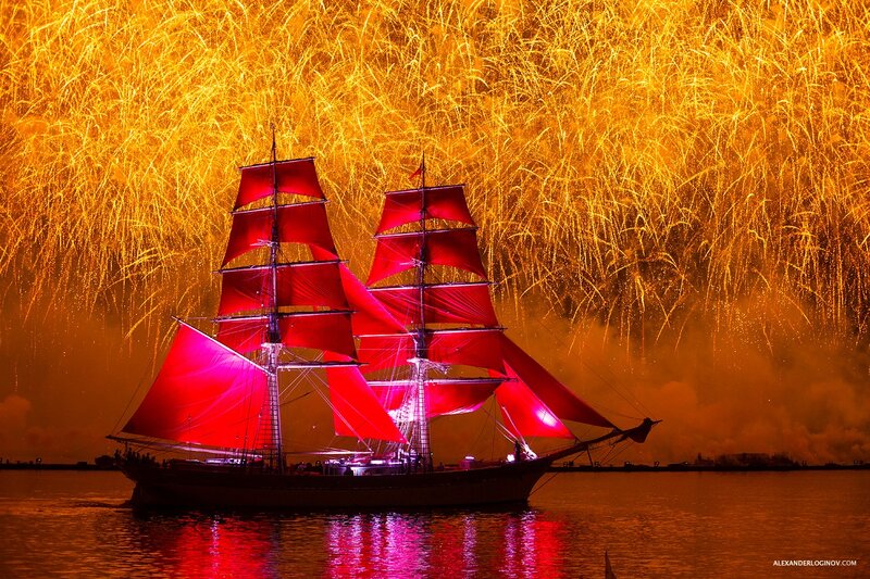 Sailboat with Red Sails — Dramatic, Night, Photograph, Fireworks, Water