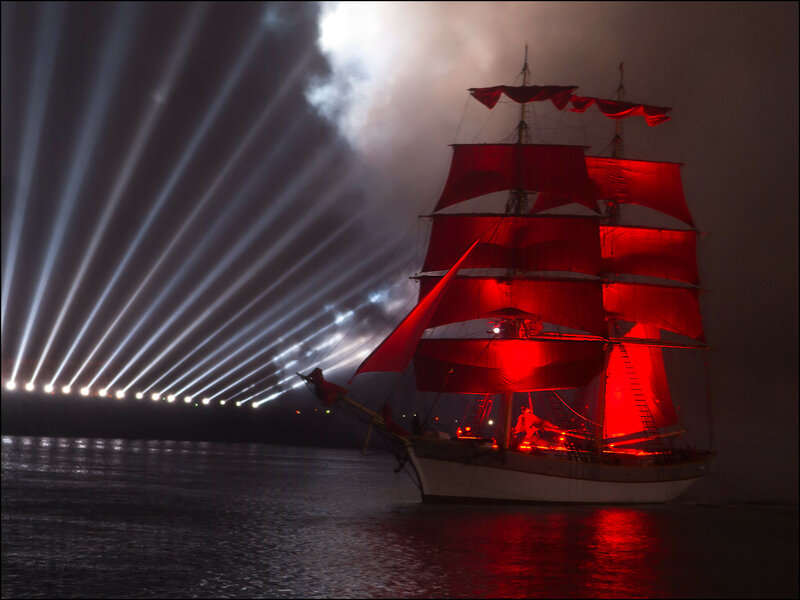 Sailboat with Red Sails — Dramatic, Night, Photograph, Lights