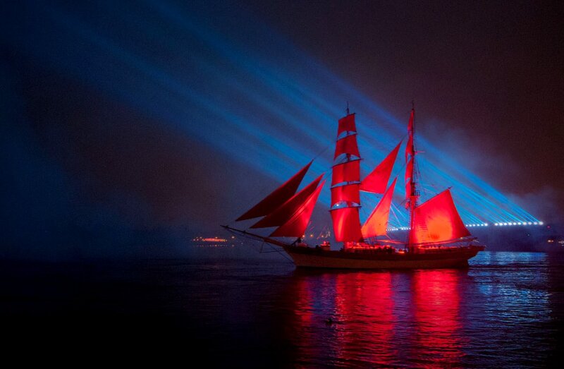 Sailboat with Red Sails — Dramatic, Night, Photograph, Spotlights