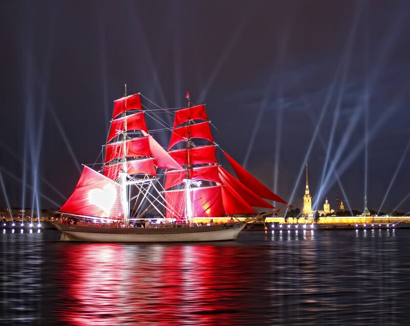 Sailboat with Red Sails — Dramatic, Night, Photograph