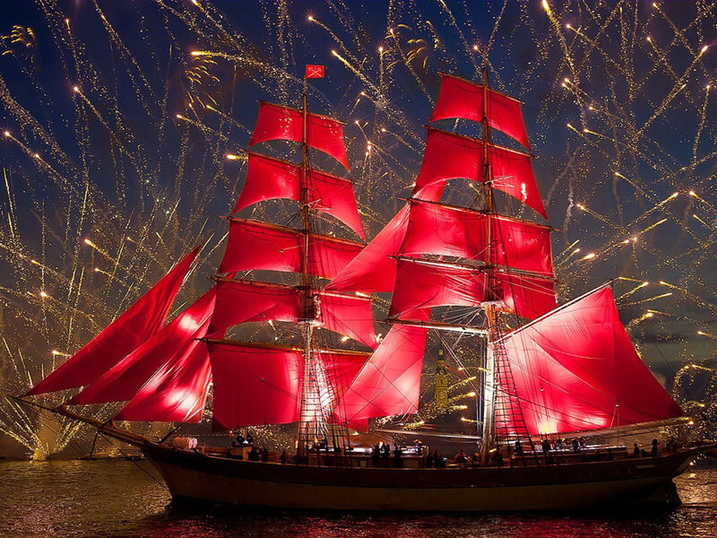 Sailboat with Red Sails — Dramatic, Night