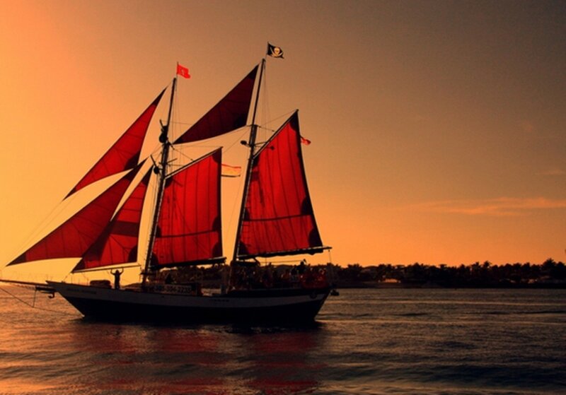 Sailboat with Red Sails — Dramatic, Sunset, Photograph, Sky