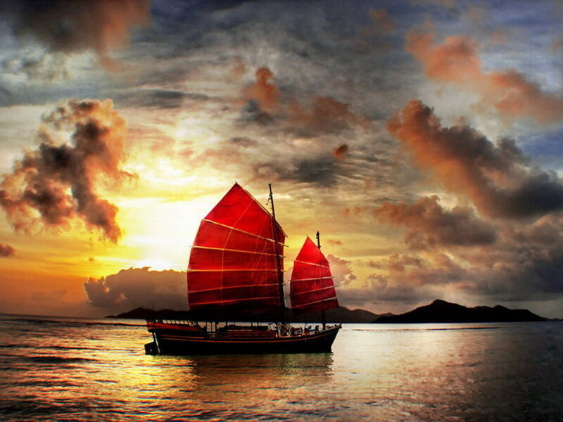 Sailboat with Red Sails — Dramatic, Sunset, Photograph