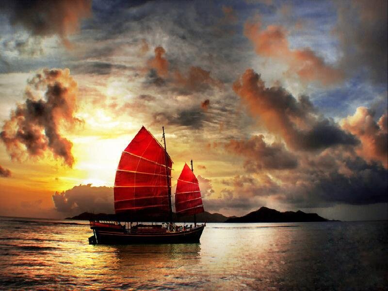 Sailboat with Red Sails — Dramatic, Sunset