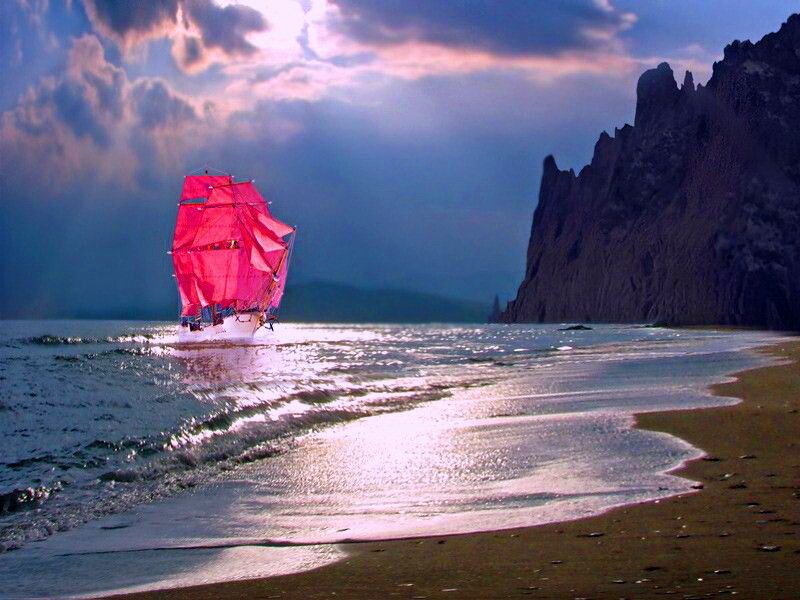 Sailboat with Red Sails — Dramatic