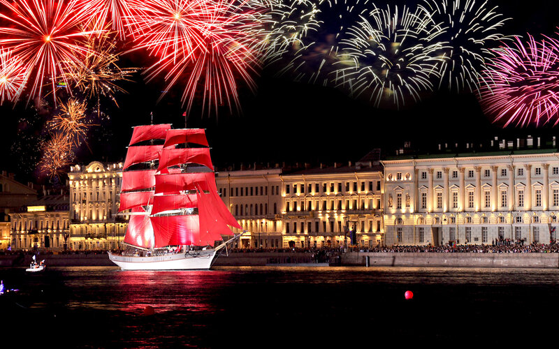 Sailboat with Red Sails — Festive, Night, Photograph