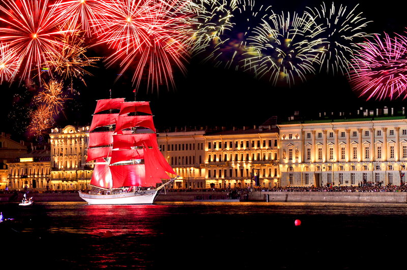 Sailboat with Red Sails — Festive, Night