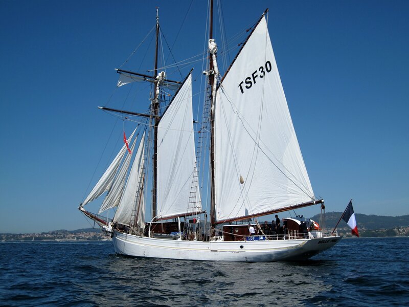 Sailboat with white sails on the water