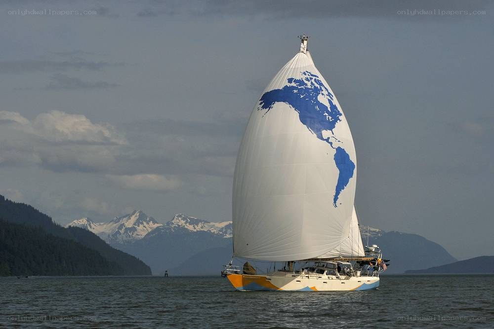 Sailboat with world map sail