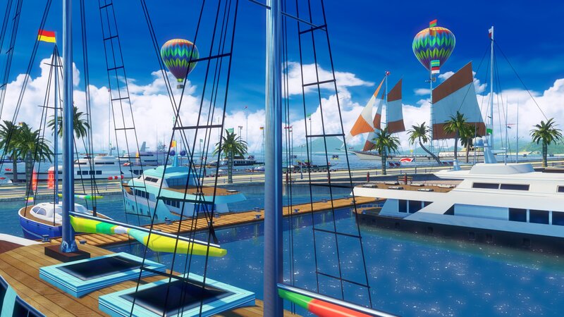 sailboats and hot air balloons at a marina