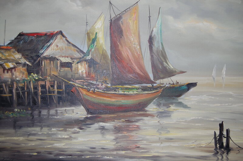Sailboats at a coastal village