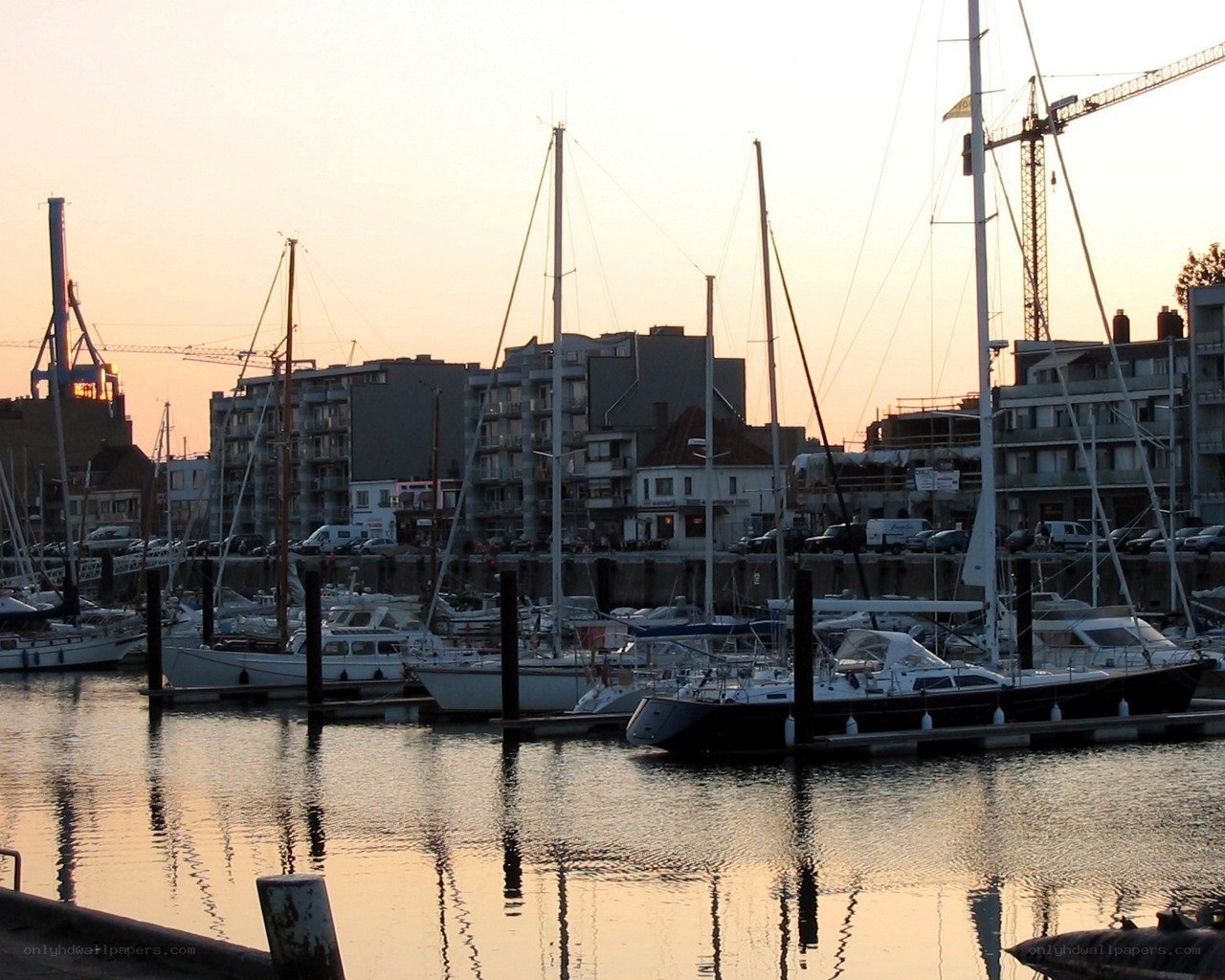 Sailboats at a harbor during sunset