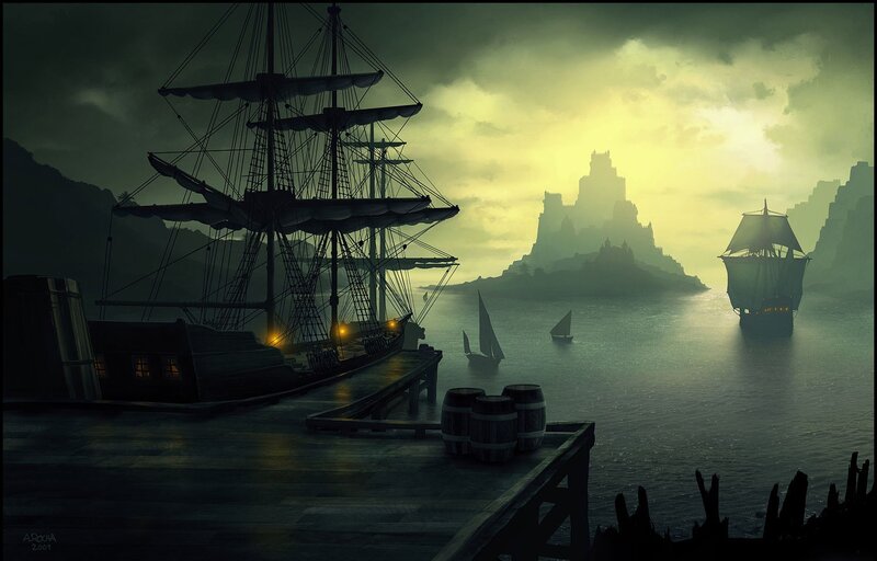 Sailboats at a misty harbor