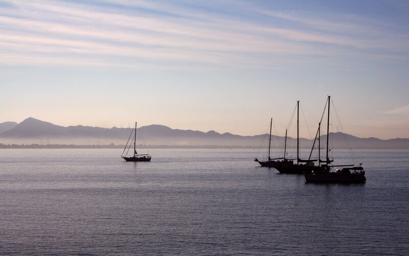 Sailboats at dawn on calm water