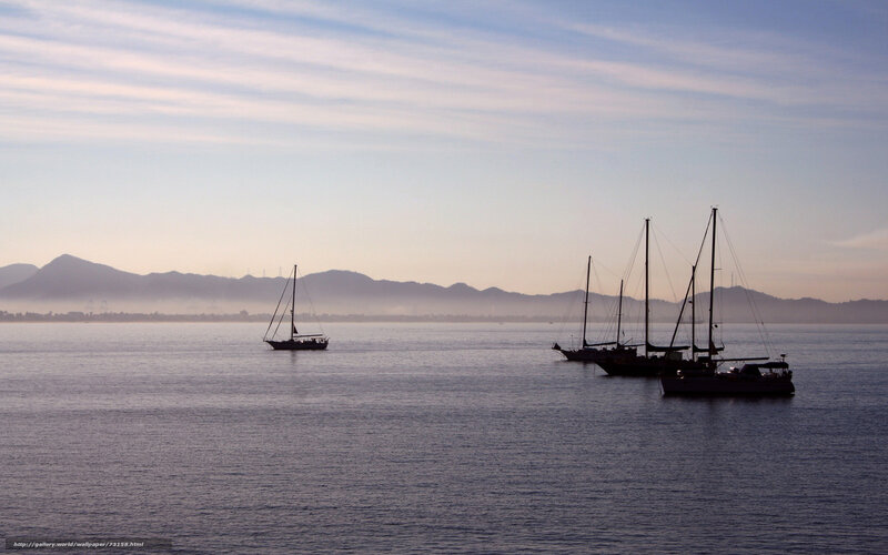 Sailboats at dawn on calm water