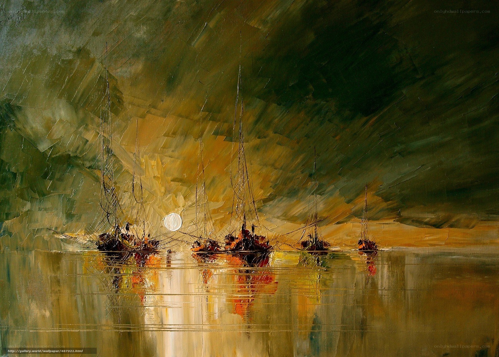 Sailboats at dusk with moon