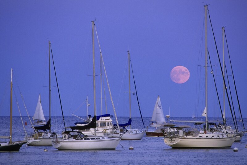 Sailboats at dusk with pink moon