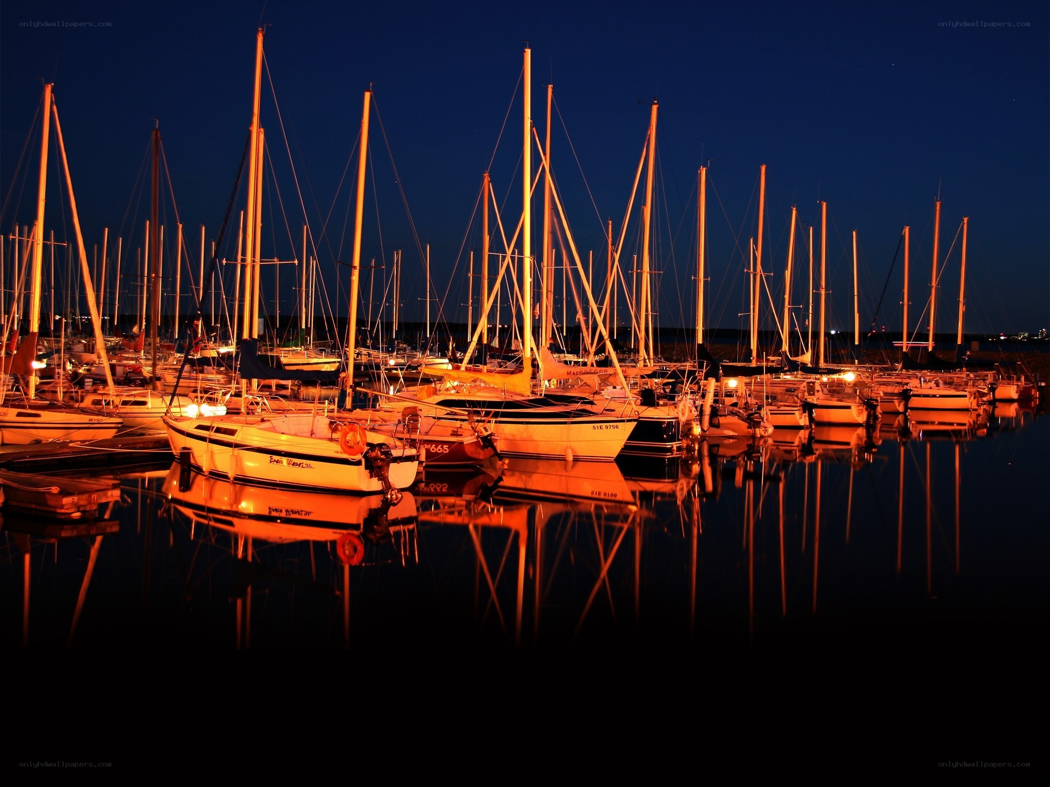 Sailboats at Night in Harbor