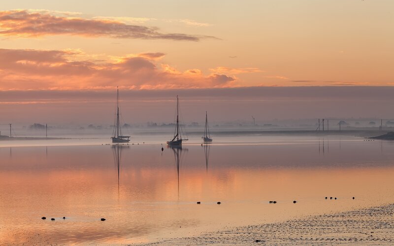 Sailboats at sunrise on calm water