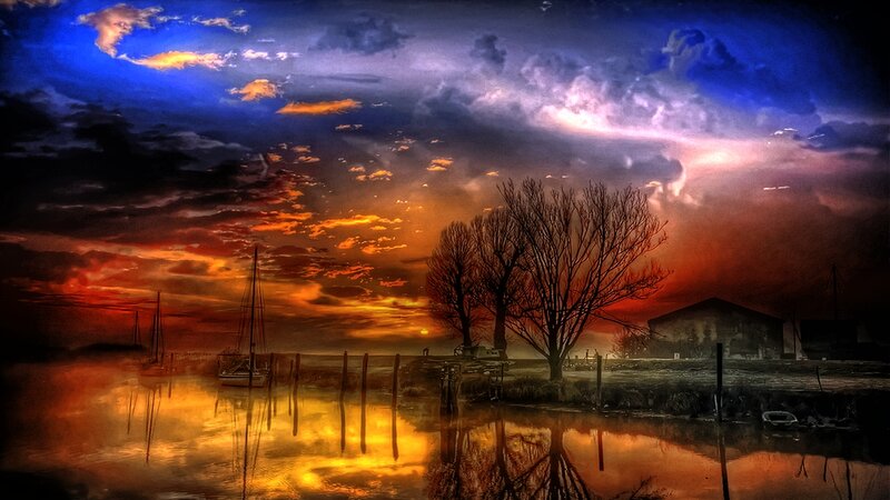 Sailboats at Sunset — Blue, Dramatic