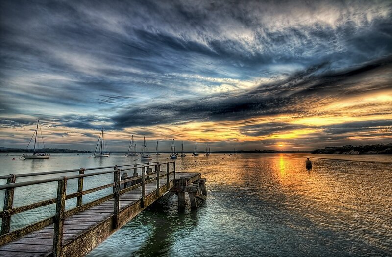 Sailboats at Sunset — Blue