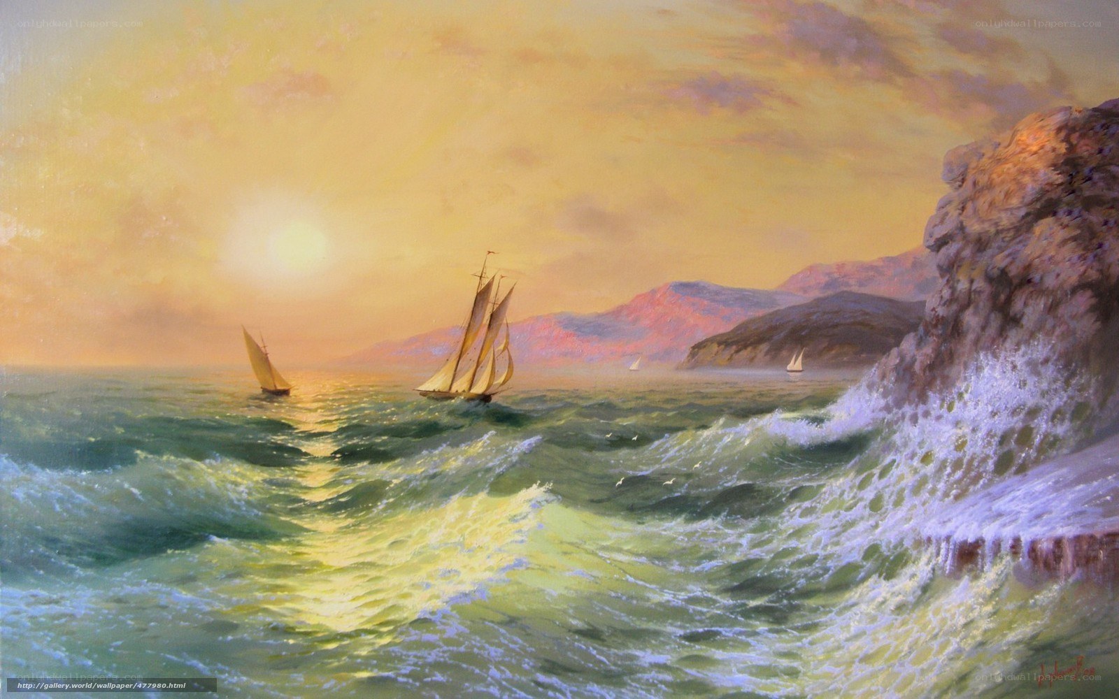 Sailboats at sunset by cliffs