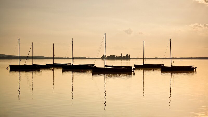 Sailboats at Sunset — Gold, Serene, Photograph, Lake