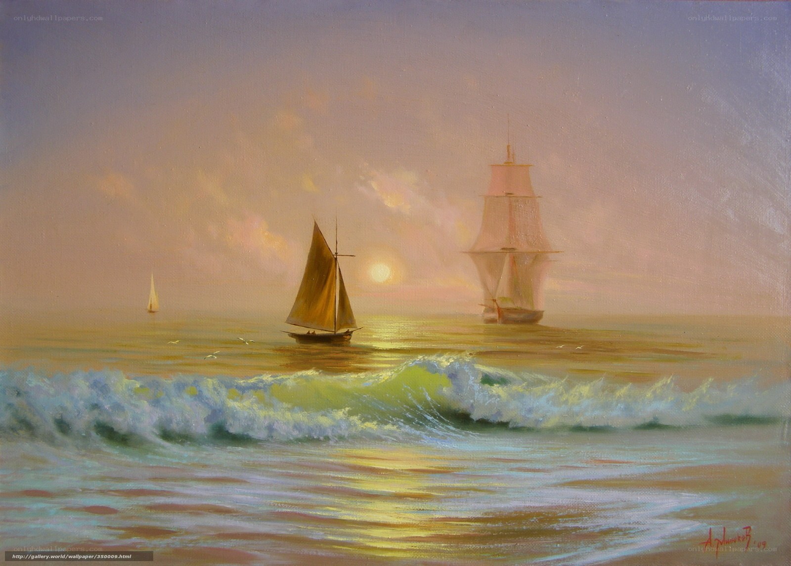 Sailboats at sunset on the sea