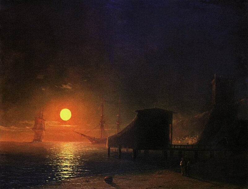Sailboats at Sunset — Orange, Dramatic, Painting, Sun, Dock