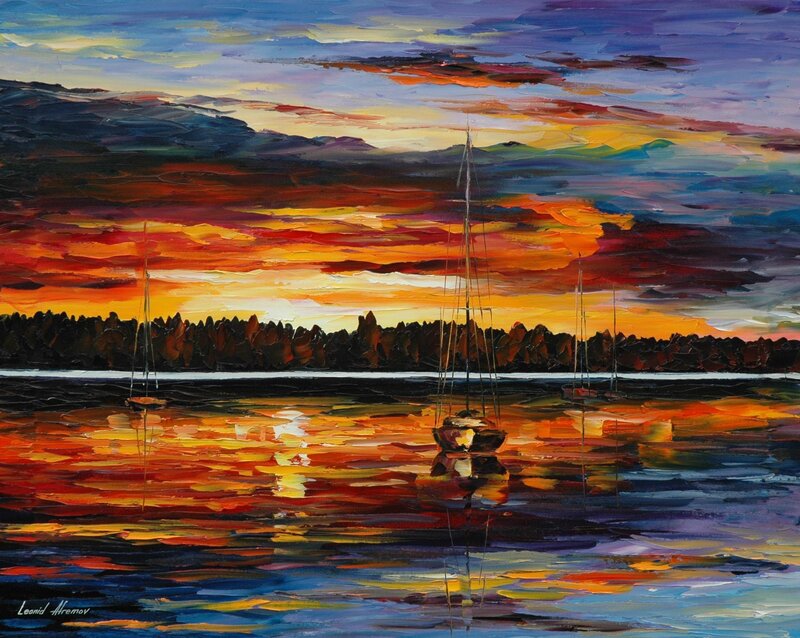 Sailboats at Sunset — Orange, Dramatic, Painting, Water
