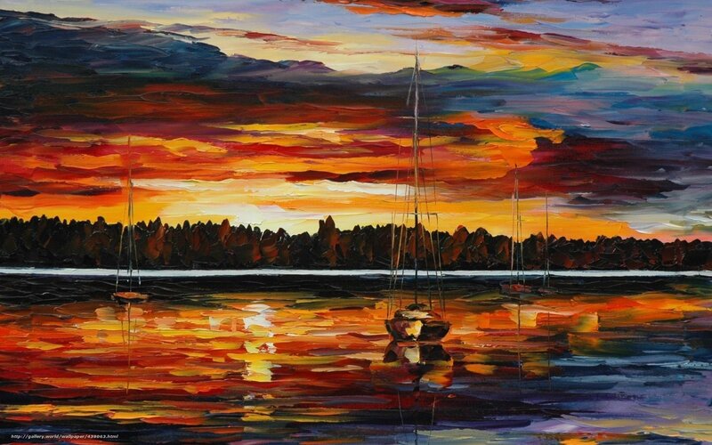 Sailboats at Sunset — Orange, Dramatic, Painting, Water, Trees