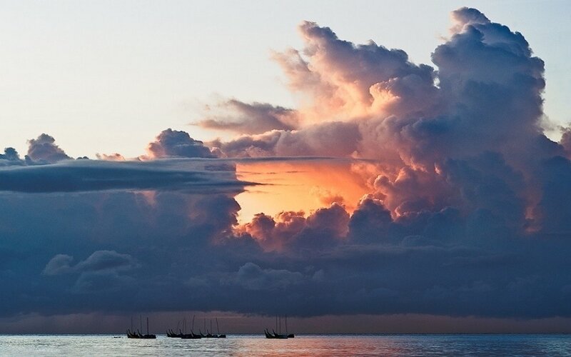Sailboats at Sunset — Orange, Dramatic, Photograph, Clouds