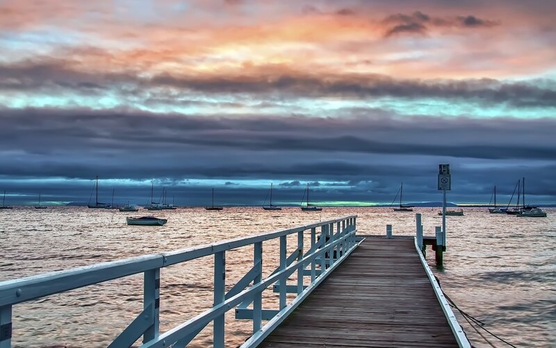 Sailboats at Sunset — Orange, Dramatic, Photograph, Dock