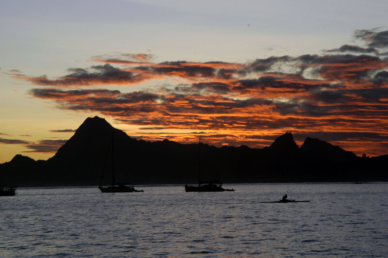 Sailboats at Sunset — Orange, Dramatic, Photograph, Mountains