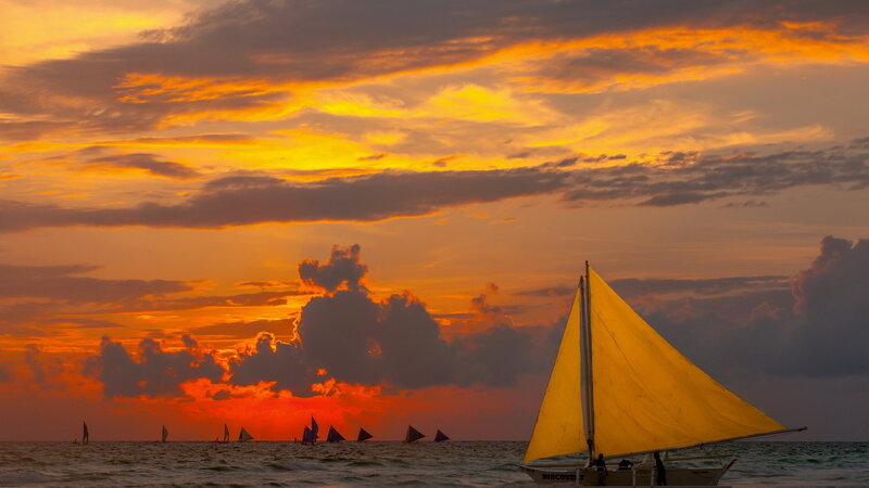 Sailboats at Sunset — Orange, Dramatic, Photograph, Ocean, Clouds